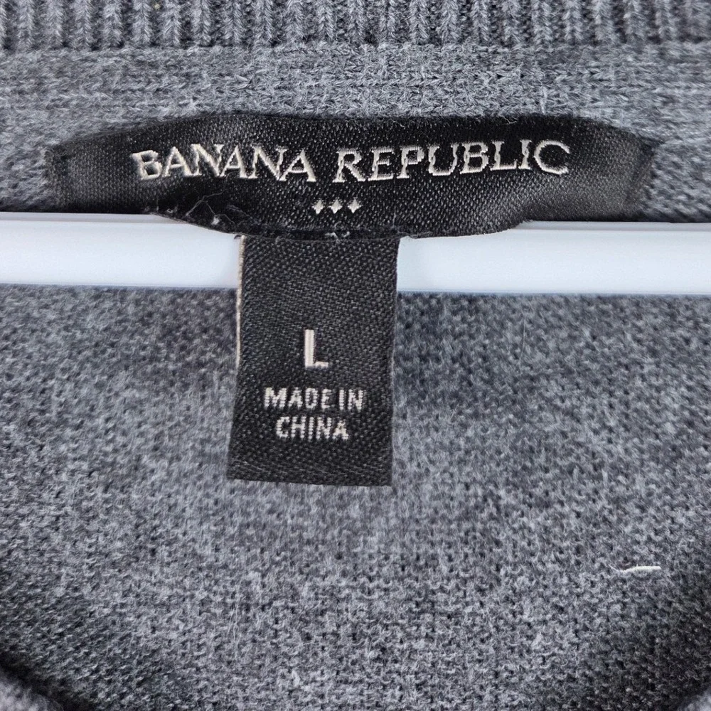 Banana Republic Sweater Men Large Gray Houndstooth V-Neck‎ Cotton Raglan 54023